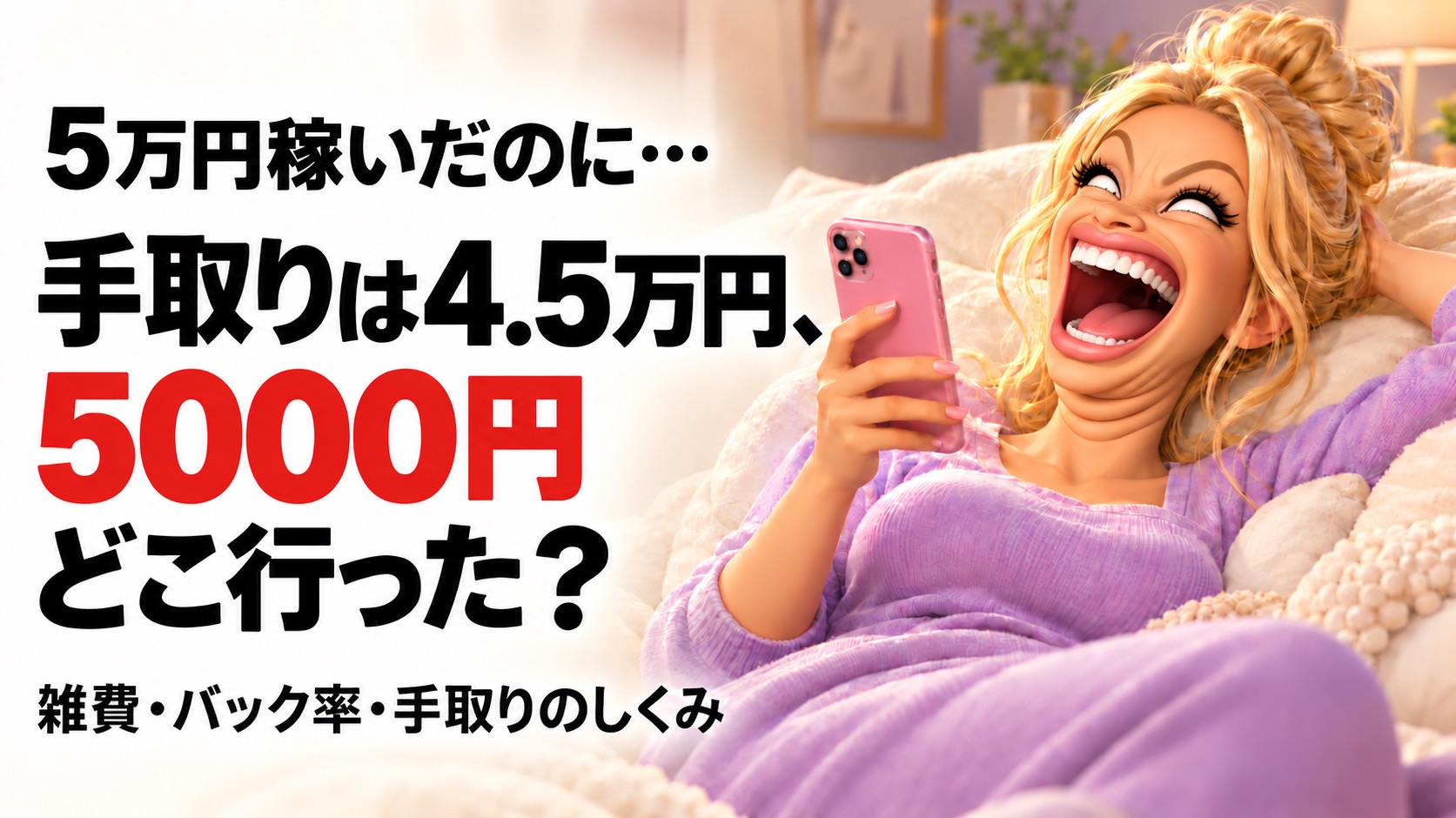 5万円の報酬から5,000円が引かれ、手取り4.5万円になって驚く女性のイラスト。雑費・バック率・手取りのしくみを解説。
